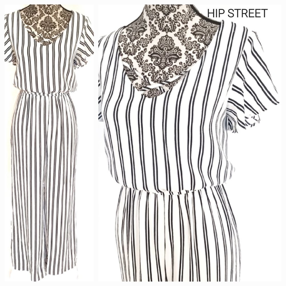 ONE CLOTHING Flutter Short Sleeve Stretch Crepe Stripe Wide Leg Jumpsuit M
